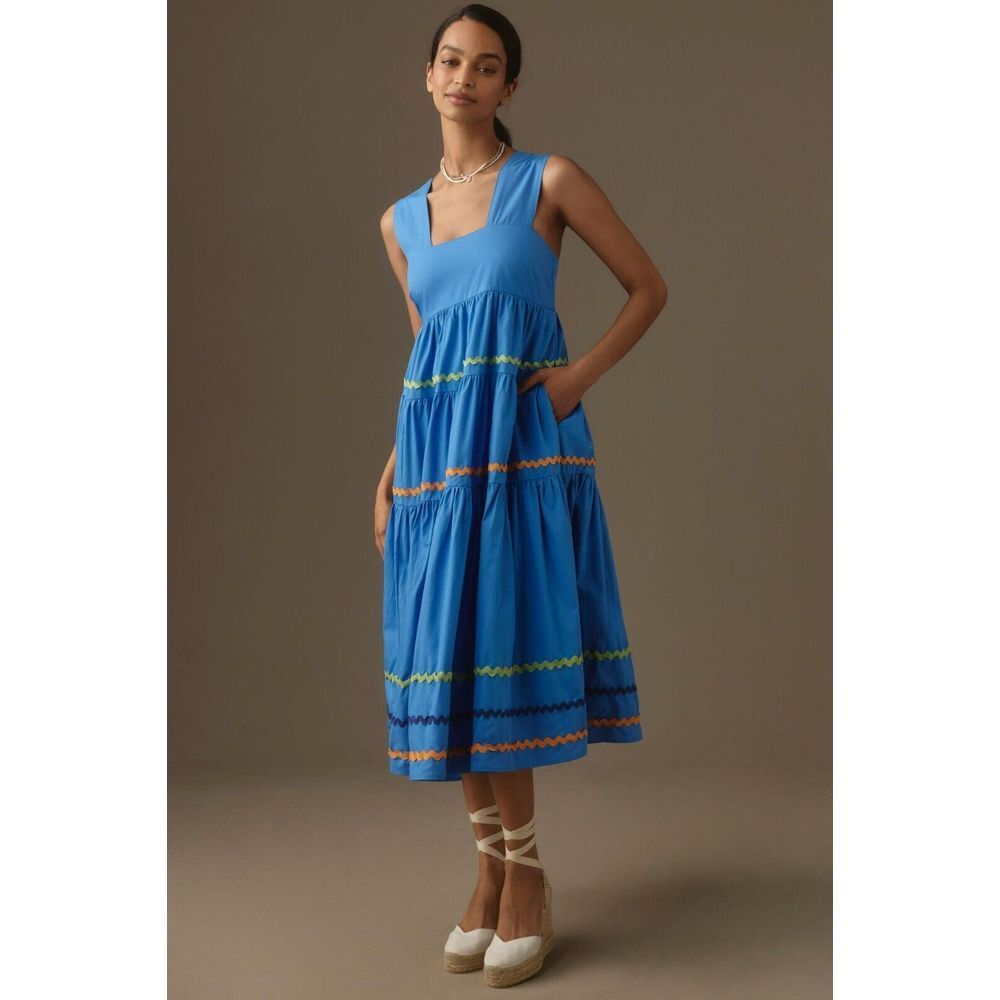 The Helena Square-Neck Tiered Midi Dress‎ Smocked Scallop Blue Motif Medium